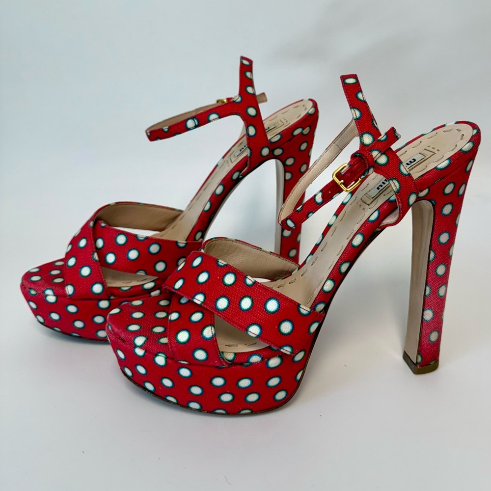 Miu Miu Canvas Polka-Dot Print Slingback Sandals – Size 38